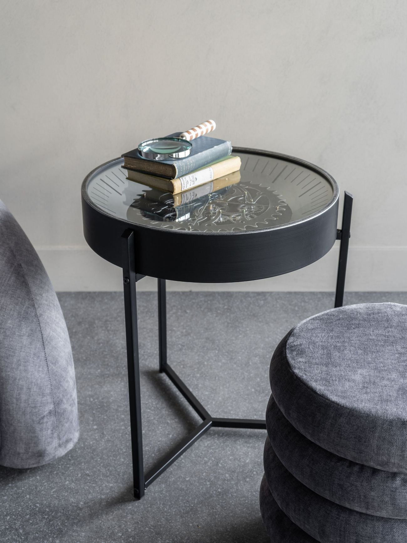 Palladium Black & Glass Moving Dials Clock Side Table